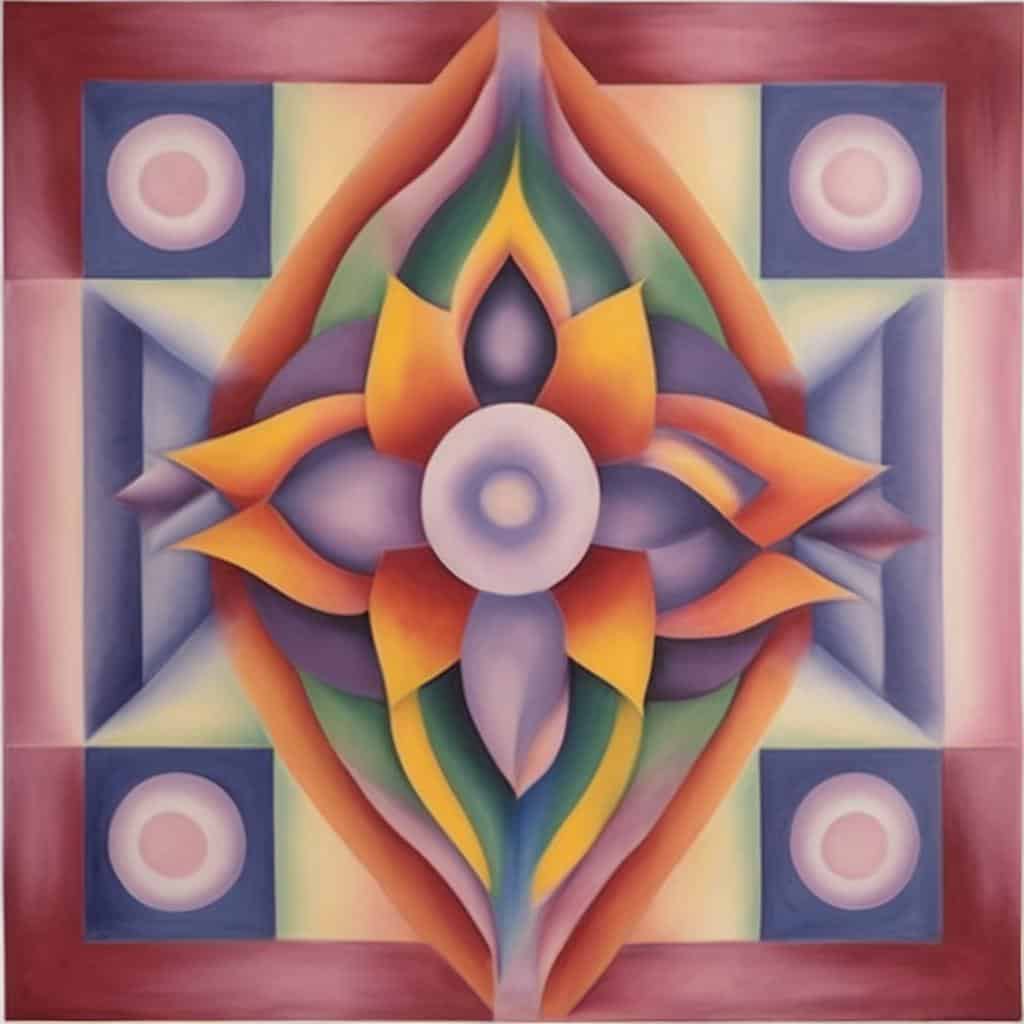 Βασιλεία από χρώματα και γεωμετρικά σχήματα που απεικονίζουν την ήσυχη δύναμη της τέχνης, συμβολίζοντας την εσωτερική δύναμη και την πνευματική αρμονία.