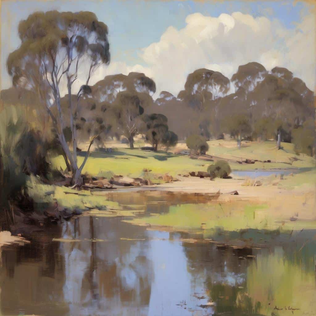 - Ήσυχη φύση με ρυάκι και δέντρα σε εκλεπτυσμένο τοπιογραφικό στιλ, έμφαση στην τέχνη και την εσωτερική δύναμη, ιδανικό για προώθηση πολιτισμού και τέχνης.