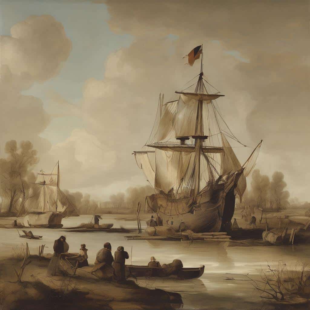 Παραδοσιακή θαλάσσια ζωγραφική, παλιό πλοίο στη στεριά, ρεαλιστικό καμβά με ήπια χρώματα και ανθρώπους κοντά στο νερό, εμπνευσμένο από την τέχνη και την ηρεμία της θάλασσας.