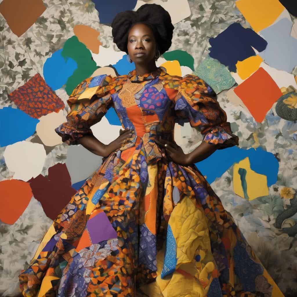 Φωτογραφία μιας γυναίκας με καστανό δέρμα, ντυμένη με πολύχρωμο φόρεμα από βελουτέ υφάσματα, μπροστά σε καμβά γεμάτο πολύχρωμα κομμάτια τέχνης και μοτίβα, αναδεικνύοντας τη σιωπηλή δύναμη της τέχνης.