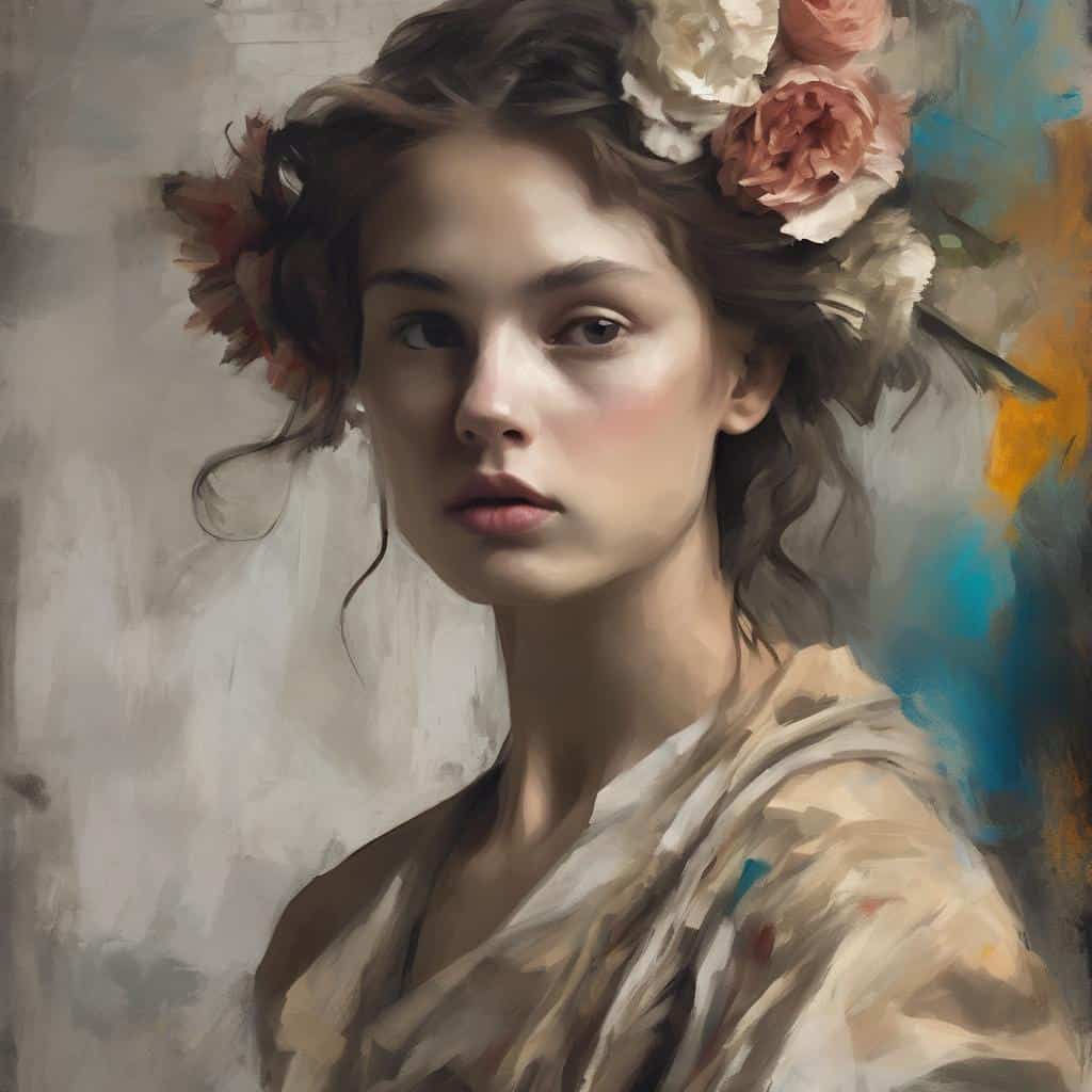 Ομορφη γυναίκα με λουλούδια στα μαλλιά, πορτραίτο σε ανδακτικό στυλ, τέχνη, ατμόσφαιρα, ησυχία, εκφραστικότητα, ζωγραφική, σύγχρονη τέχνη, συμβολισμός, ομορφιά, έμπνευση, δημιουργικότητα, ηρεμία.